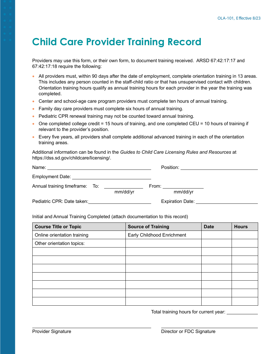 Form OLA-101 Child Care Provider Training Record - South Dakota, Page 1