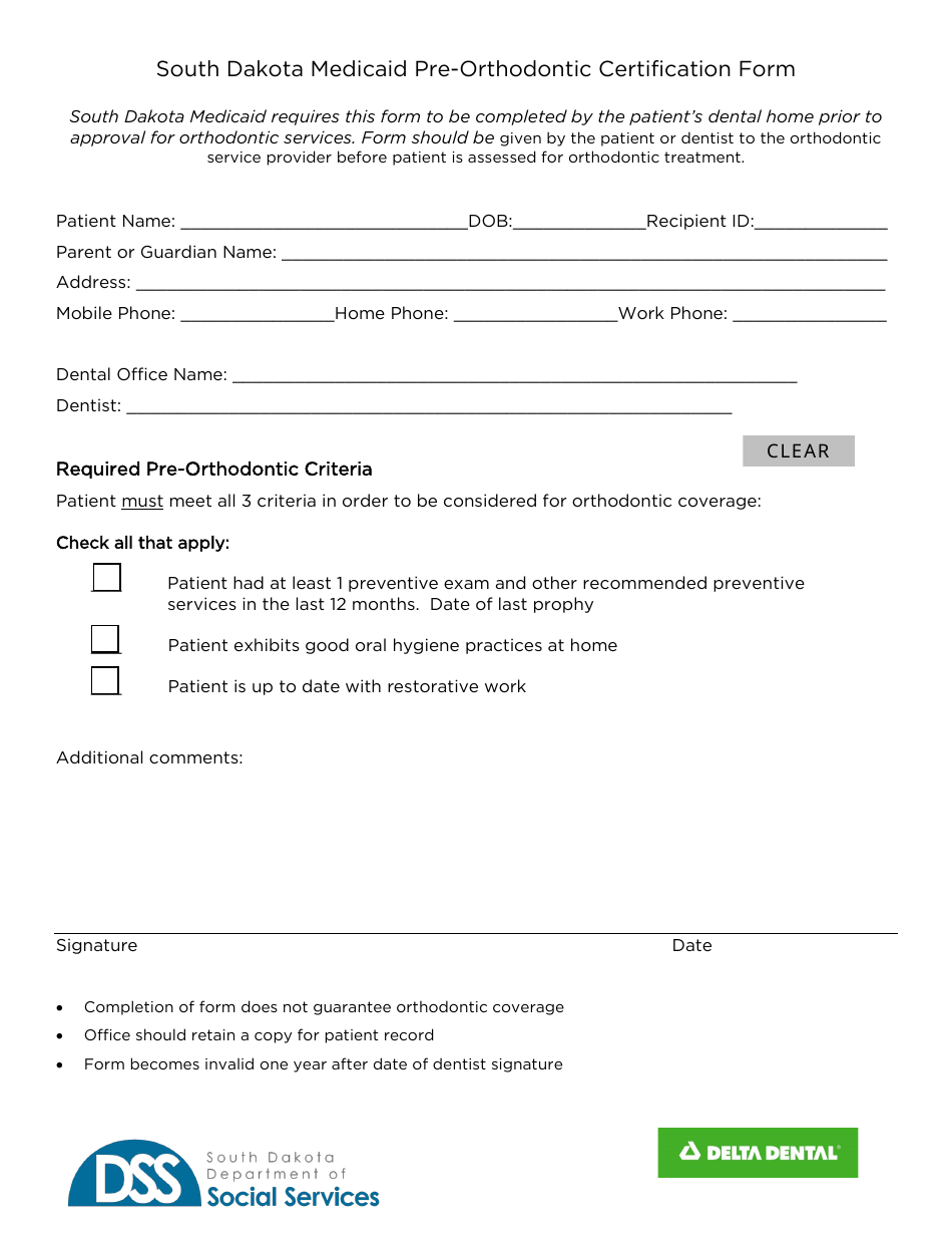 Form MS-114 South Dakota Medicaid Pre-orthodontic Certification Form - South Dakota, Page 1
