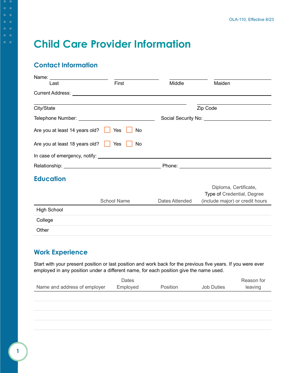 Form OLA-110 Child Care Provider Information - South Dakota, Page 1