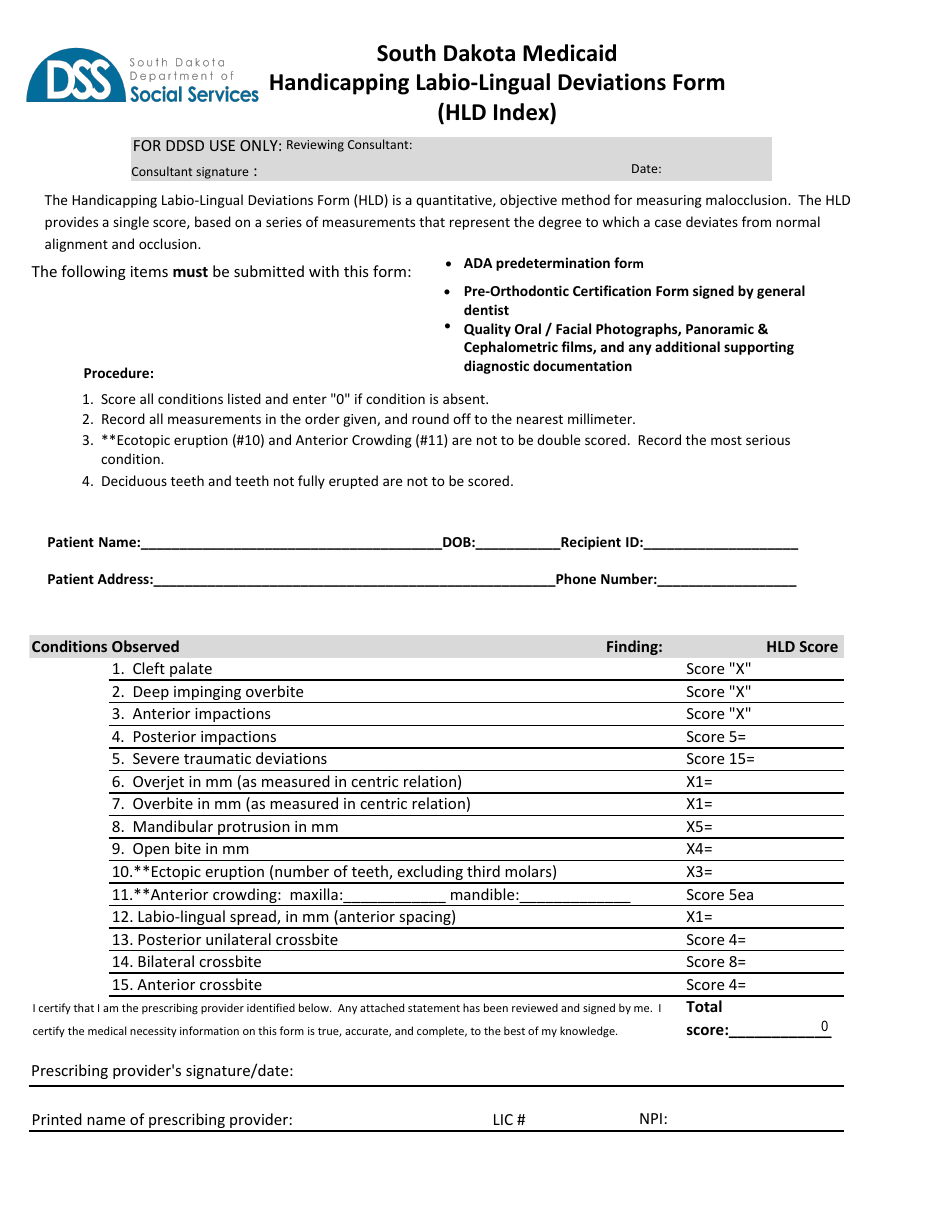 Form MS-115 Handicapping Labio-Lingual Deviations Form (Hld Index) - South Dakota, Page 1