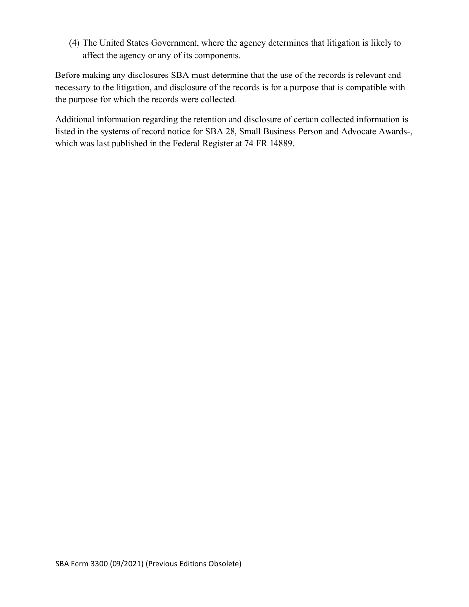 SBA Form 3300 Award Nominee Background Form, Page 6