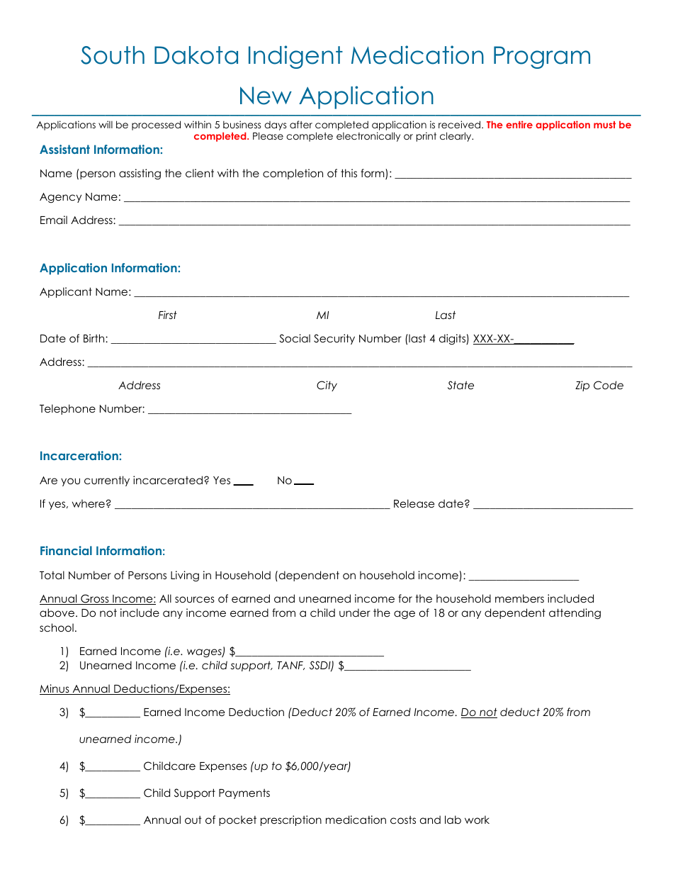 New Application - South Dakota Indigent Medication Program - South Dakota, Page 1