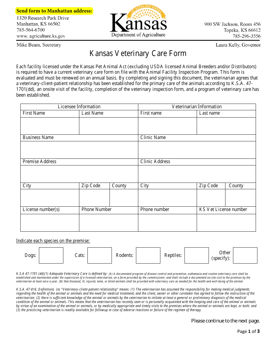 Kansas Veterinary Care Form - Kansas, Page 1