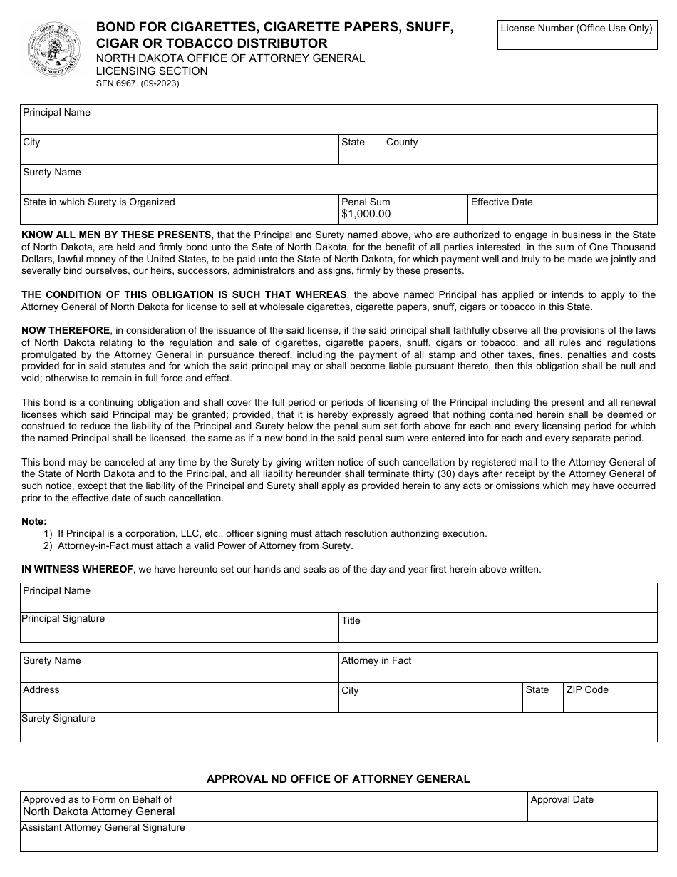 Form SFN6967 Bond for Cigarettes, Cigarette Papers, Snuff, Cigar or Tobacco Distributor - North Dakota, Page 1