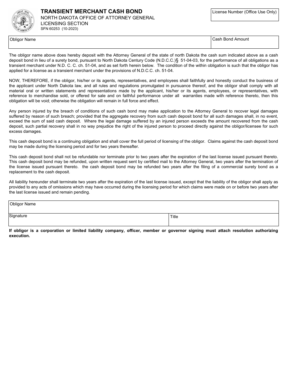 Form SFN60253 Transient Merchant Cash Bond - North Dakota, Page 1