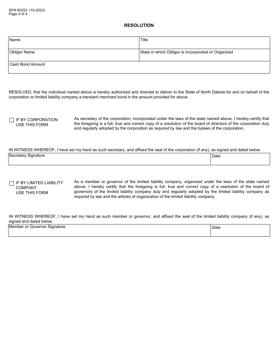 Form SFN60253 Transient Merchant Cash Bond - North Dakota, Page 4