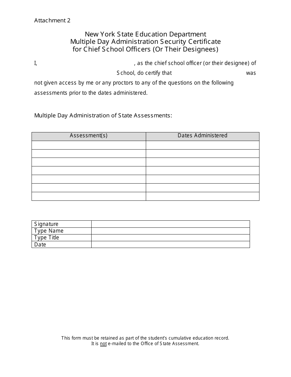 Attachment 2 Multiple Day Administration Security Certificate for Chief School Officers (Or Their Designees) - New York, Page 1