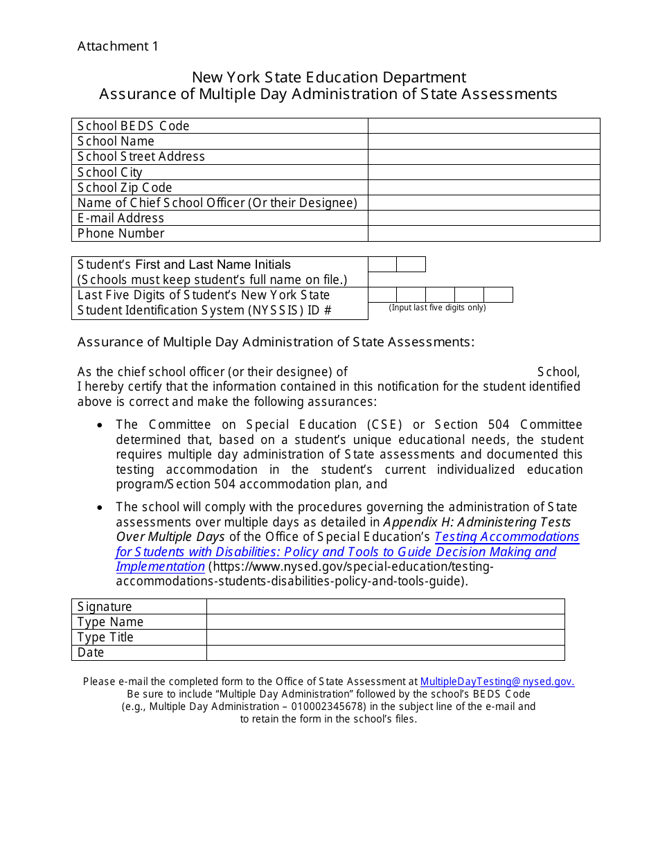 Attachment 1 Assurance of Multiple Day Administration of State Assessments - New York, Page 1