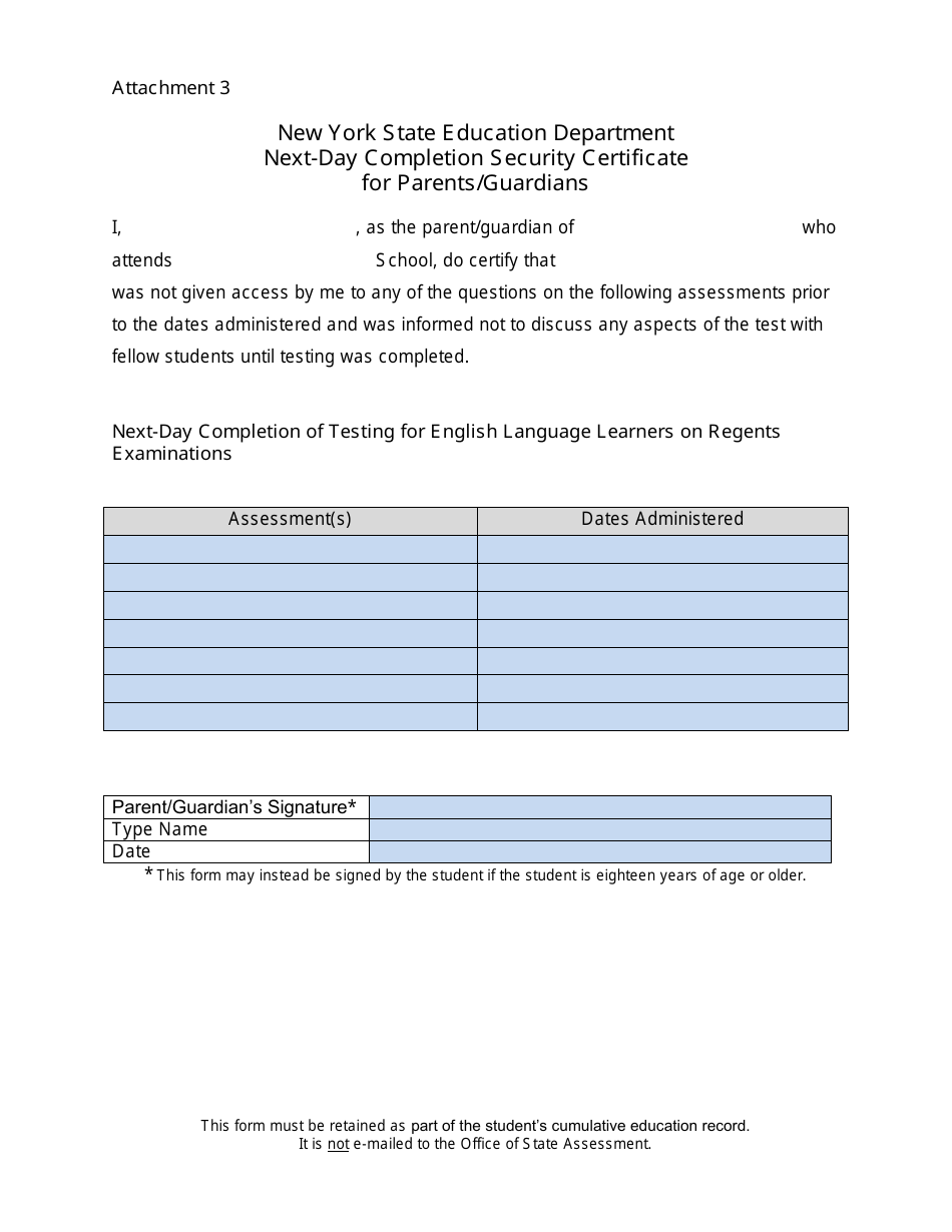 Attachment 3 Next-Day Completion Security Certificate for Parents / Guardians - New York, Page 1