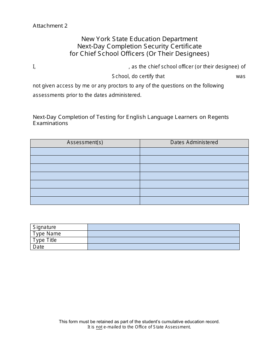 Attachment 2 Next-Day Completion Security Certificate for Chief School Officers (Or Their Designees) - New York, Page 1