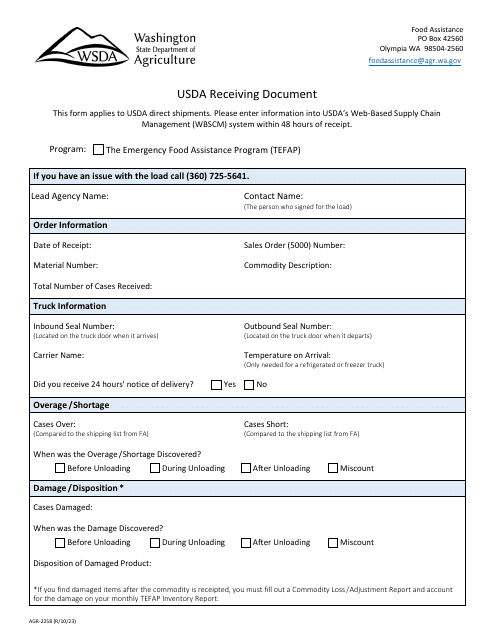 Form AGR-2258 Usda Receiving Document - Washington