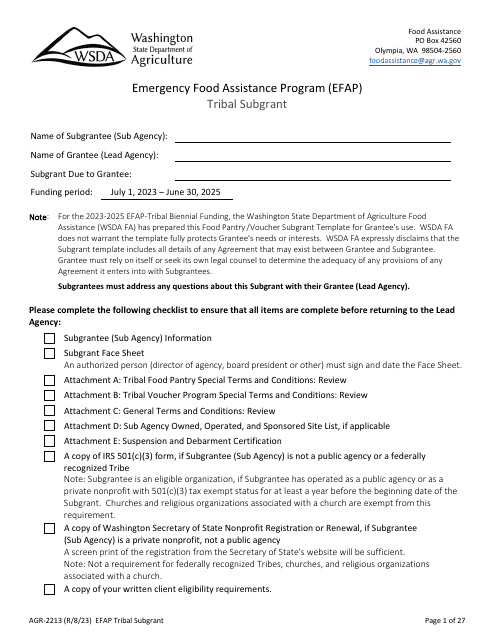 Form AGR-2213 Tribal Subgrant - Emergency Food Assistance Program (Efap) - Washington, 2025