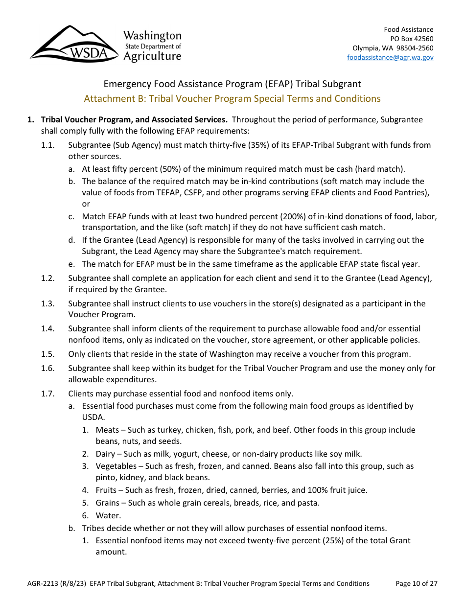 Form AGR-2213 Tribal Subgrant - Emergency Food Assistance Program (Efap) - Washington, Page 10