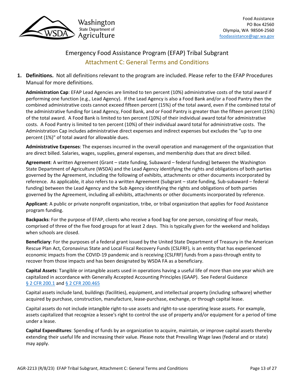 Form AGR-2213 Tribal Subgrant - Emergency Food Assistance Program (Efap) - Washington, Page 13
