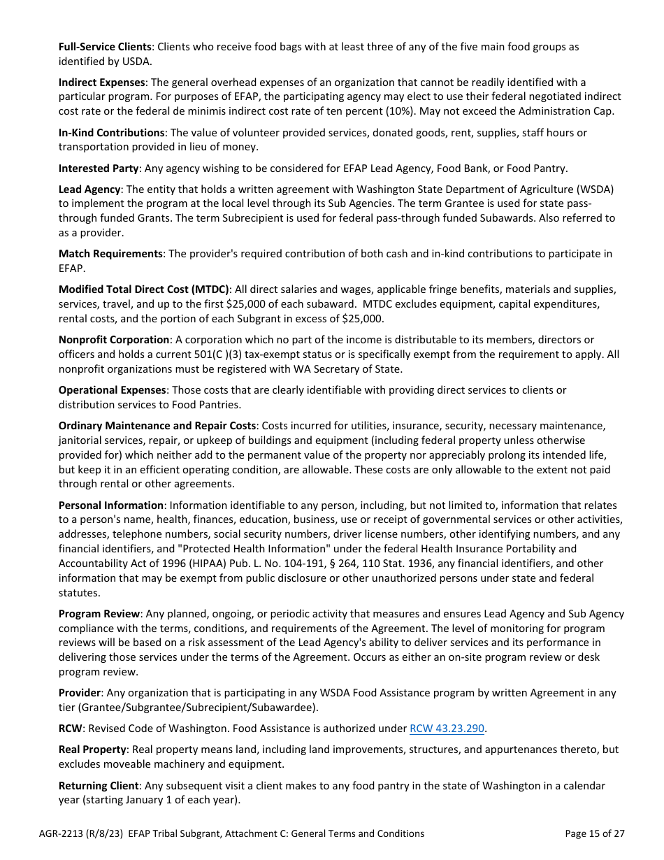 Form AGR-2213 Tribal Subgrant - Emergency Food Assistance Program (Efap) - Washington, Page 15
