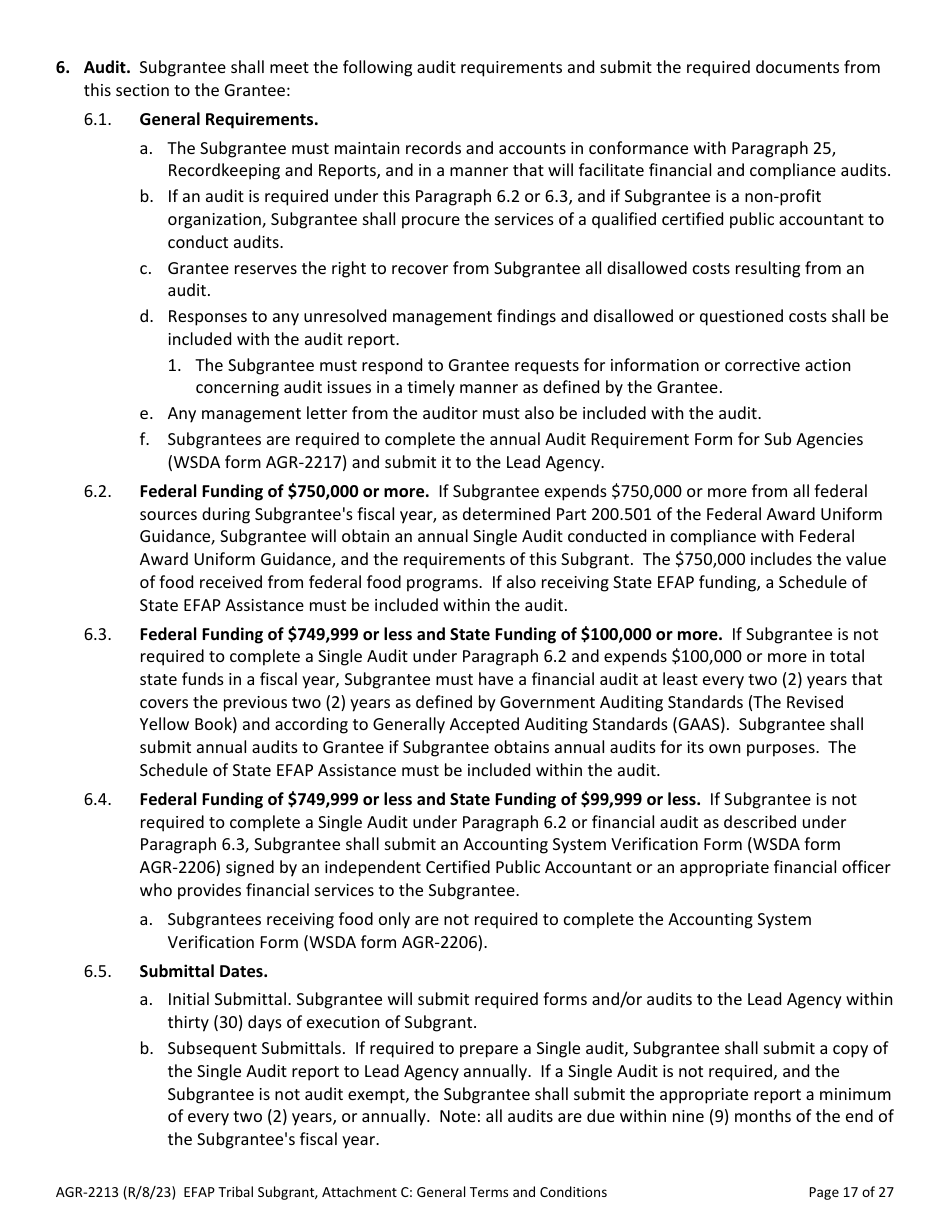 Form AGR-2213 Tribal Subgrant - Emergency Food Assistance Program (Efap) - Washington, Page 17