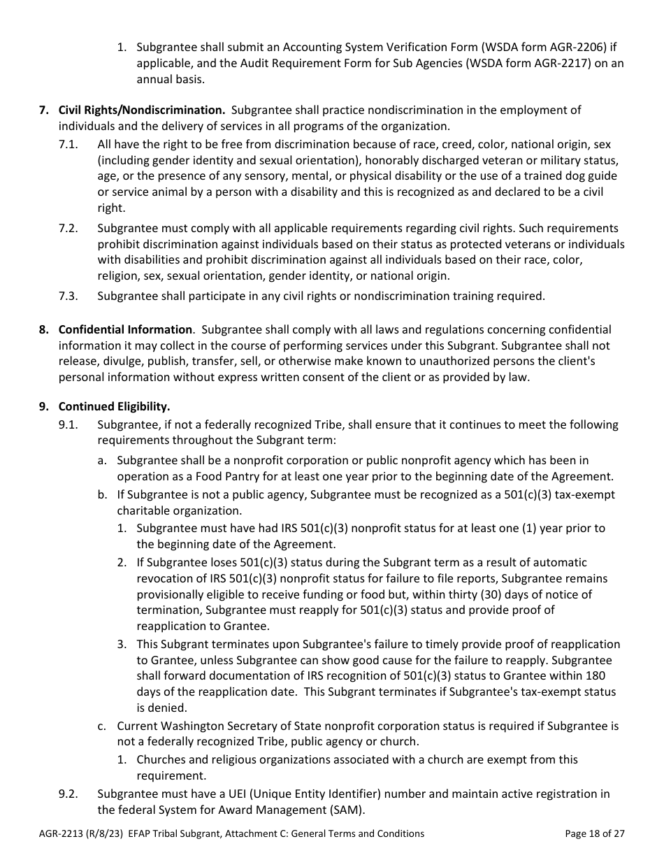 Form AGR-2213 Tribal Subgrant - Emergency Food Assistance Program (Efap) - Washington, Page 18