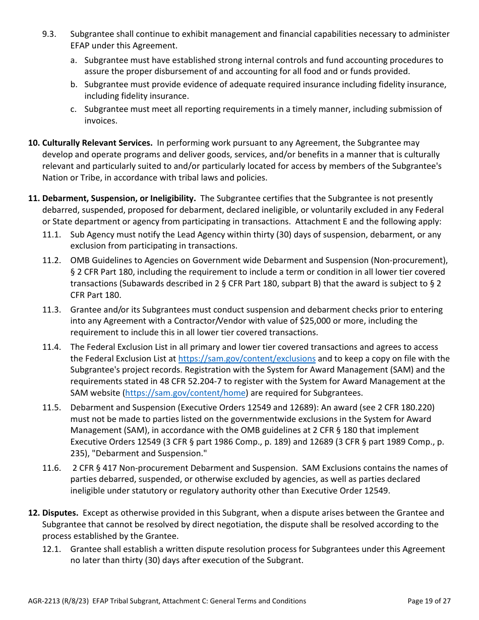 Form AGR-2213 Tribal Subgrant - Emergency Food Assistance Program (Efap) - Washington, Page 19