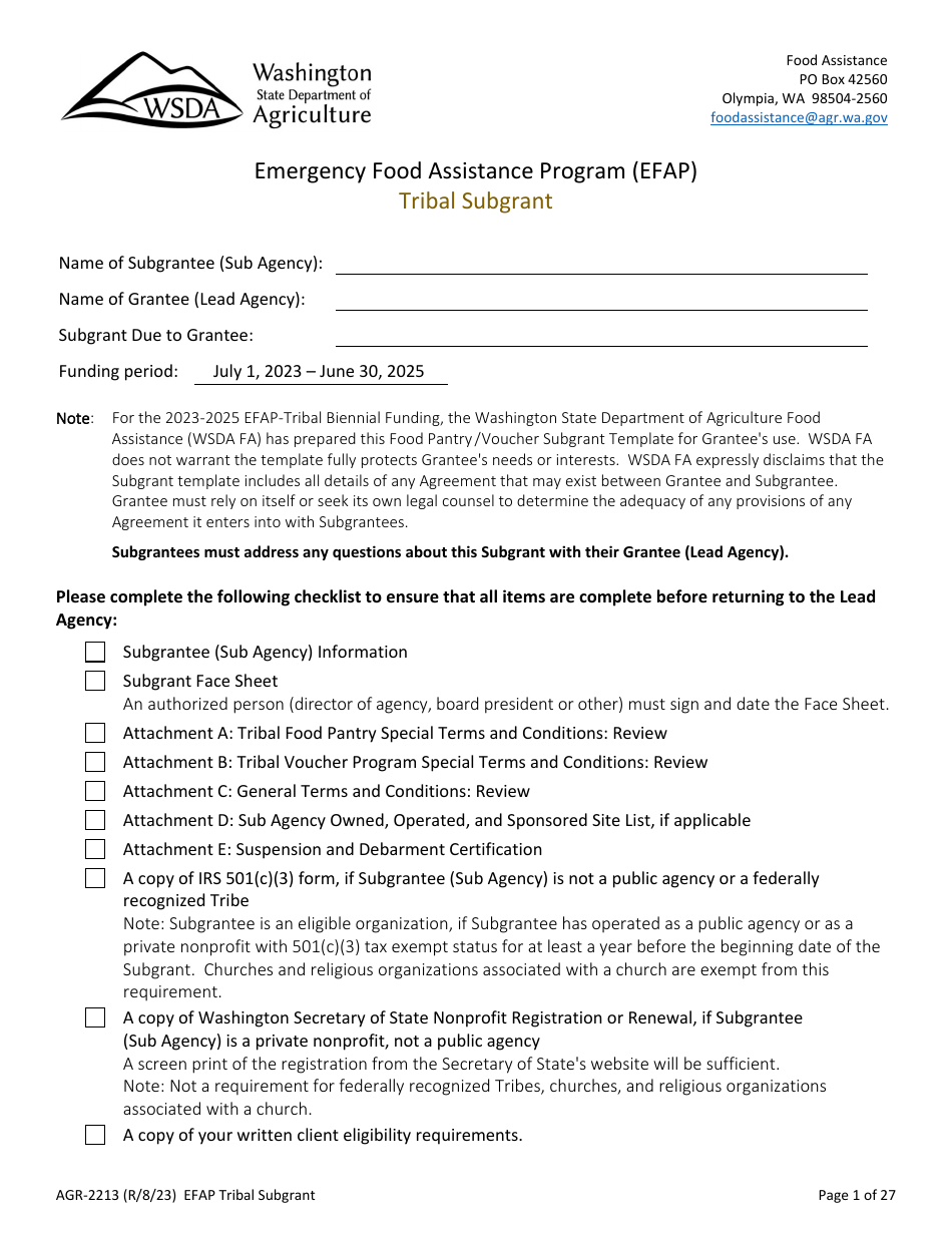 Form AGR-2213 Tribal Subgrant - Emergency Food Assistance Program (Efap) - Washington, Page 1