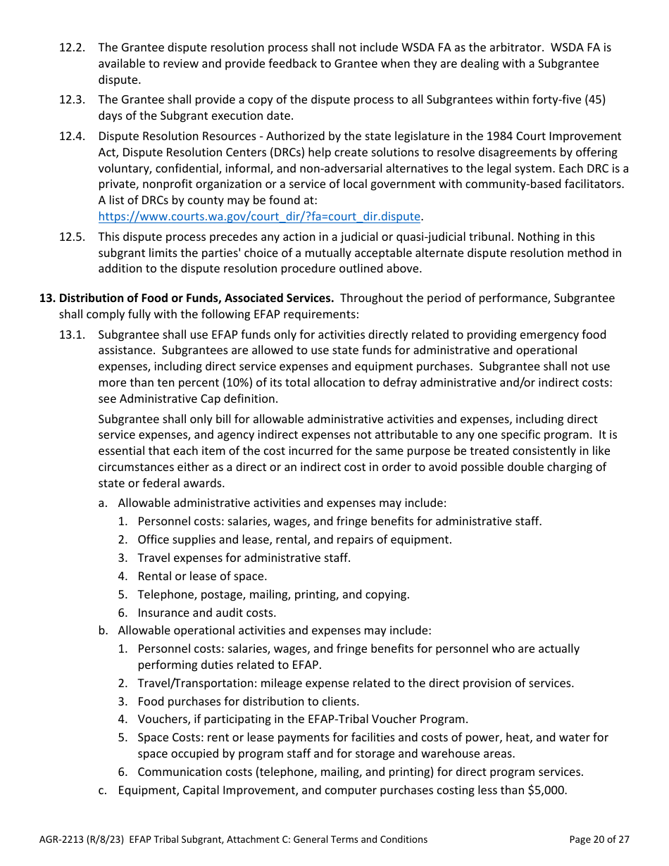 Form AGR-2213 Tribal Subgrant - Emergency Food Assistance Program (Efap) - Washington, Page 20