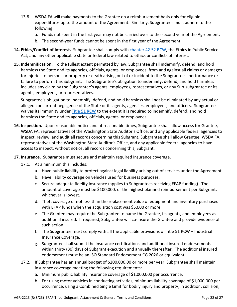 Form AGR-2213 Tribal Subgrant - Emergency Food Assistance Program (Efap) - Washington, Page 22