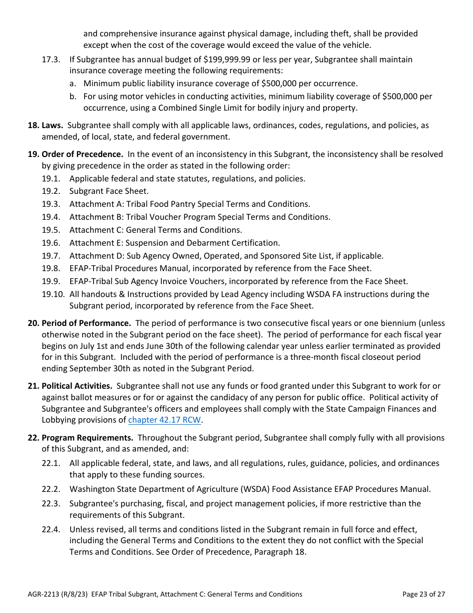 Form AGR-2213 Tribal Subgrant - Emergency Food Assistance Program (Efap) - Washington, Page 23