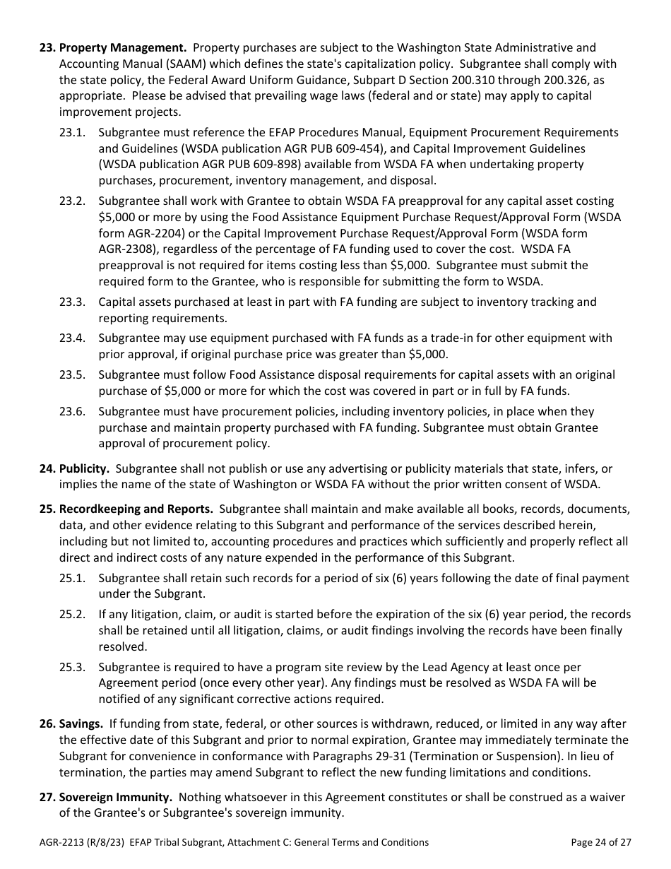 Form AGR-2213 Tribal Subgrant - Emergency Food Assistance Program (Efap) - Washington, Page 24