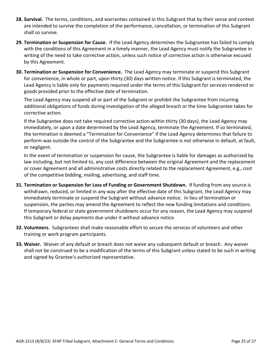 Form AGR-2213 Tribal Subgrant - Emergency Food Assistance Program (Efap) - Washington, Page 25