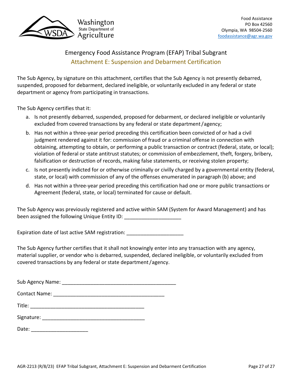 Form AGR-2213 Tribal Subgrant - Emergency Food Assistance Program (Efap) - Washington, Page 27