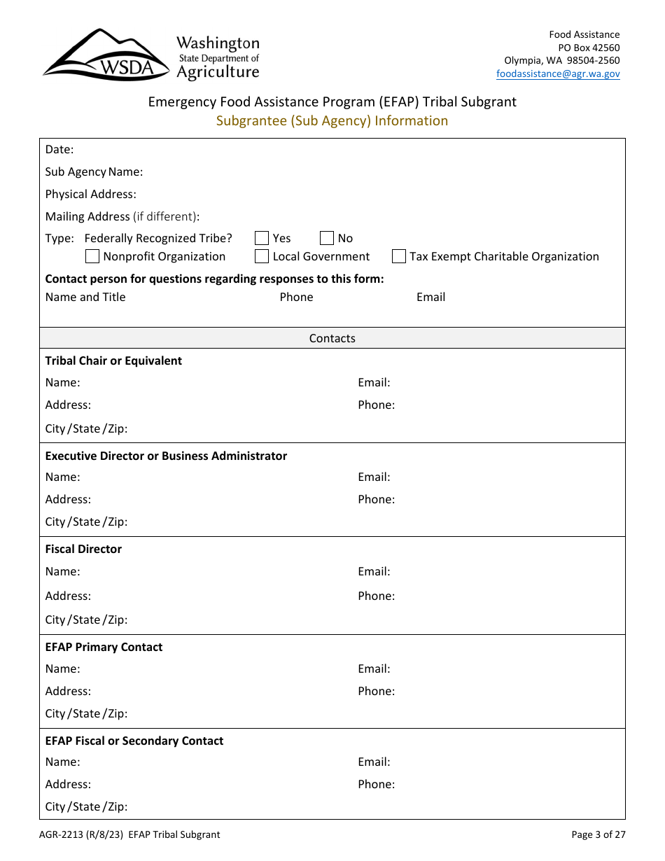 Form AGR-2213 Tribal Subgrant - Emergency Food Assistance Program (Efap) - Washington, Page 3