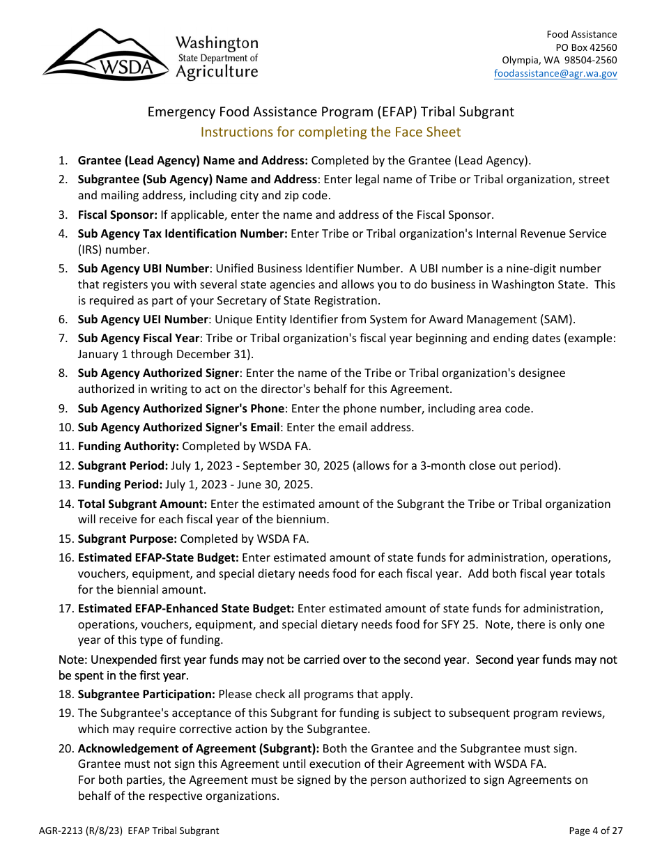 Form AGR-2213 Tribal Subgrant - Emergency Food Assistance Program (Efap) - Washington, Page 4