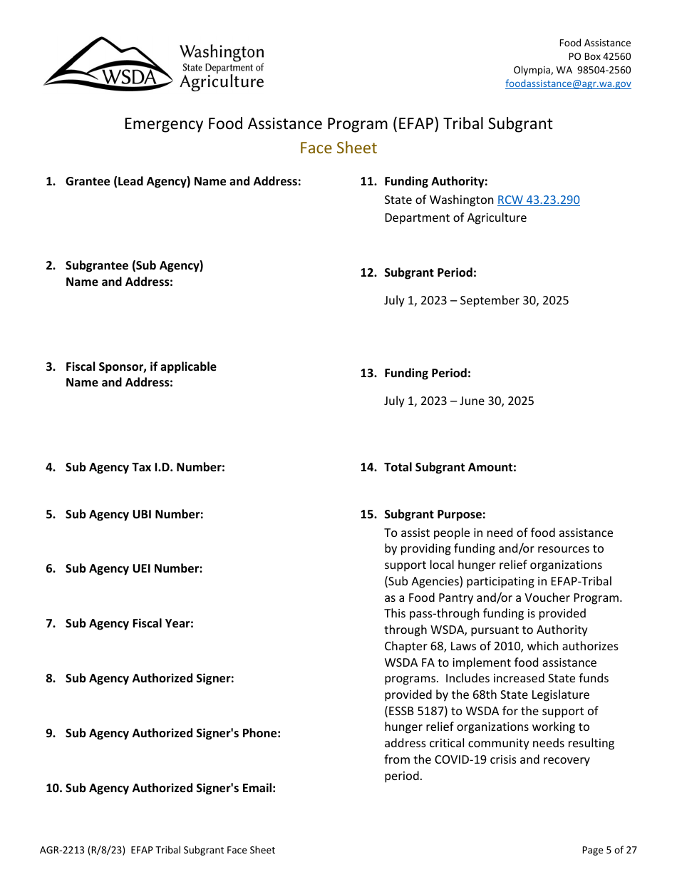 Form AGR-2213 Tribal Subgrant - Emergency Food Assistance Program (Efap) - Washington, Page 5