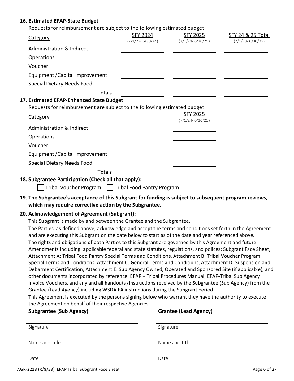 Form AGR-2213 Tribal Subgrant - Emergency Food Assistance Program (Efap) - Washington, Page 6