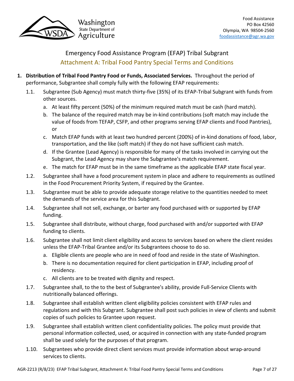 Form AGR-2213 Tribal Subgrant - Emergency Food Assistance Program (Efap) - Washington, Page 7