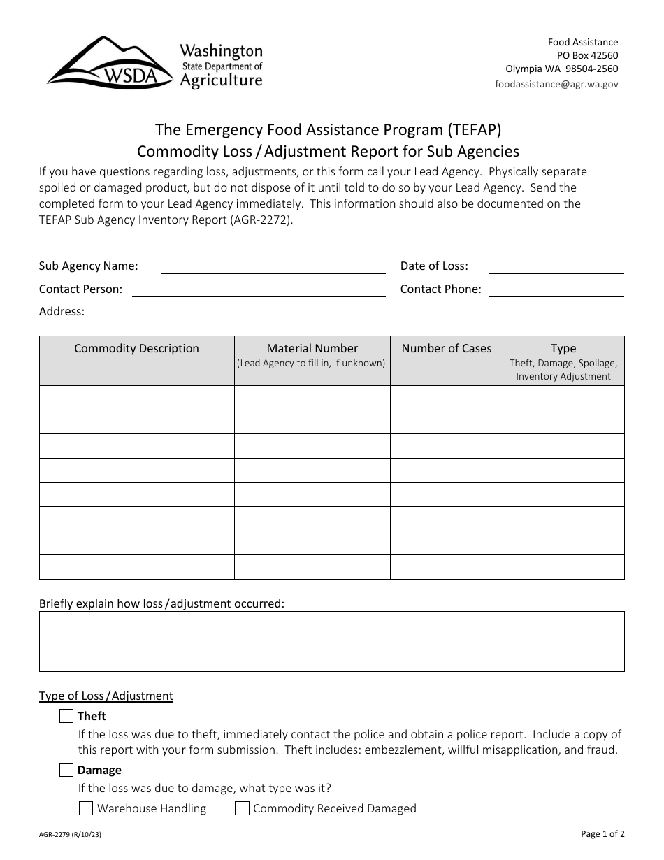 Form AGR-2279 Commodity Loss / Adjustment Report for Sub Agencies - the Emergency Food Assistance Program (Tefap) - Washington, Page 1