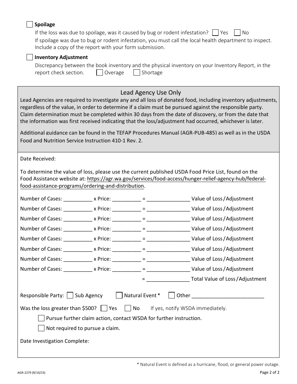Form AGR-2279 Commodity Loss / Adjustment Report for Sub Agencies - the Emergency Food Assistance Program (Tefap) - Washington, Page 2
