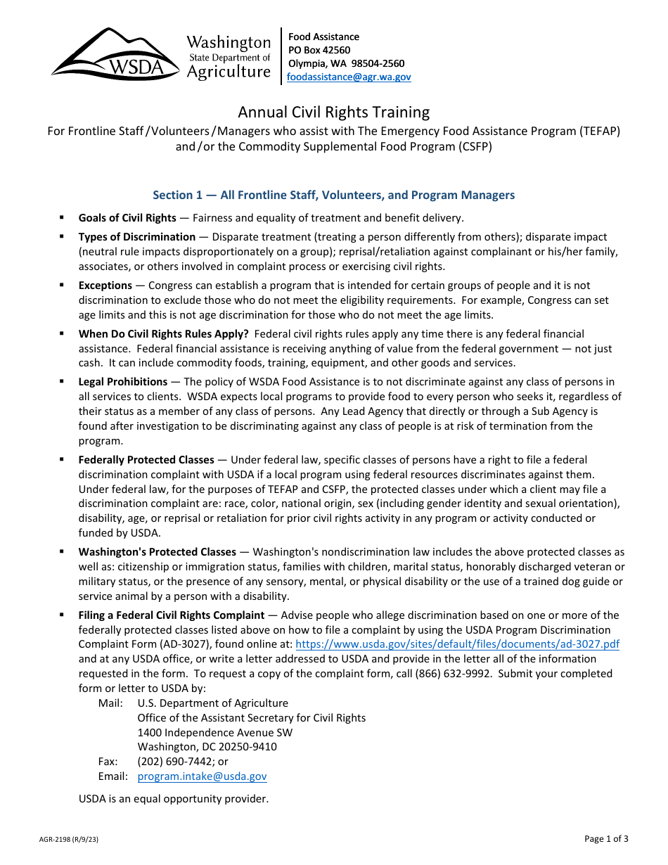 Form AGR-2198 Annual Civil Rights Training for Frontline Staff / Volunteers / Managers Who Assist With the Emergency Food Assistance Program (Tefap) and / or the Commodity Supplemental Food Program (Csfp) - Washington, Page 1