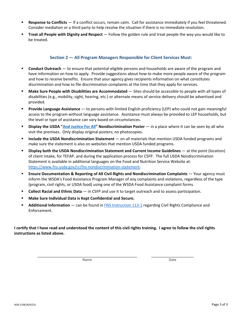 Form AGR-2198 Annual Civil Rights Training for Frontline Staff / Volunteers / Managers Who Assist With the Emergency Food Assistance Program (Tefap) and / or the Commodity Supplemental Food Program (Csfp) - Washington, Page 3