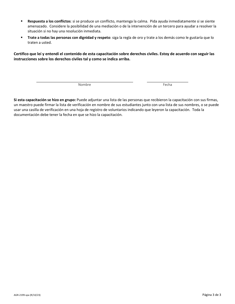 Formulario AGR-2199 Capacitacion Anual Sobre Derechos Civiles Para El Personal De No Primera Linea / Los Voluntarios / Directores Que Ayudan Con El Programa De Ayuda Alimentaria De Emergencia (The Emergency Food Assistance Program, Tefap) O El Programa Suplementario De Productos Basicos (Commodity Supplemental Food Program, Csfp) - Washington (Spanish), Page 3
