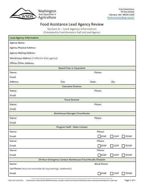 Form AGR-2225 Food Assistance Lead Agency Review - Washington