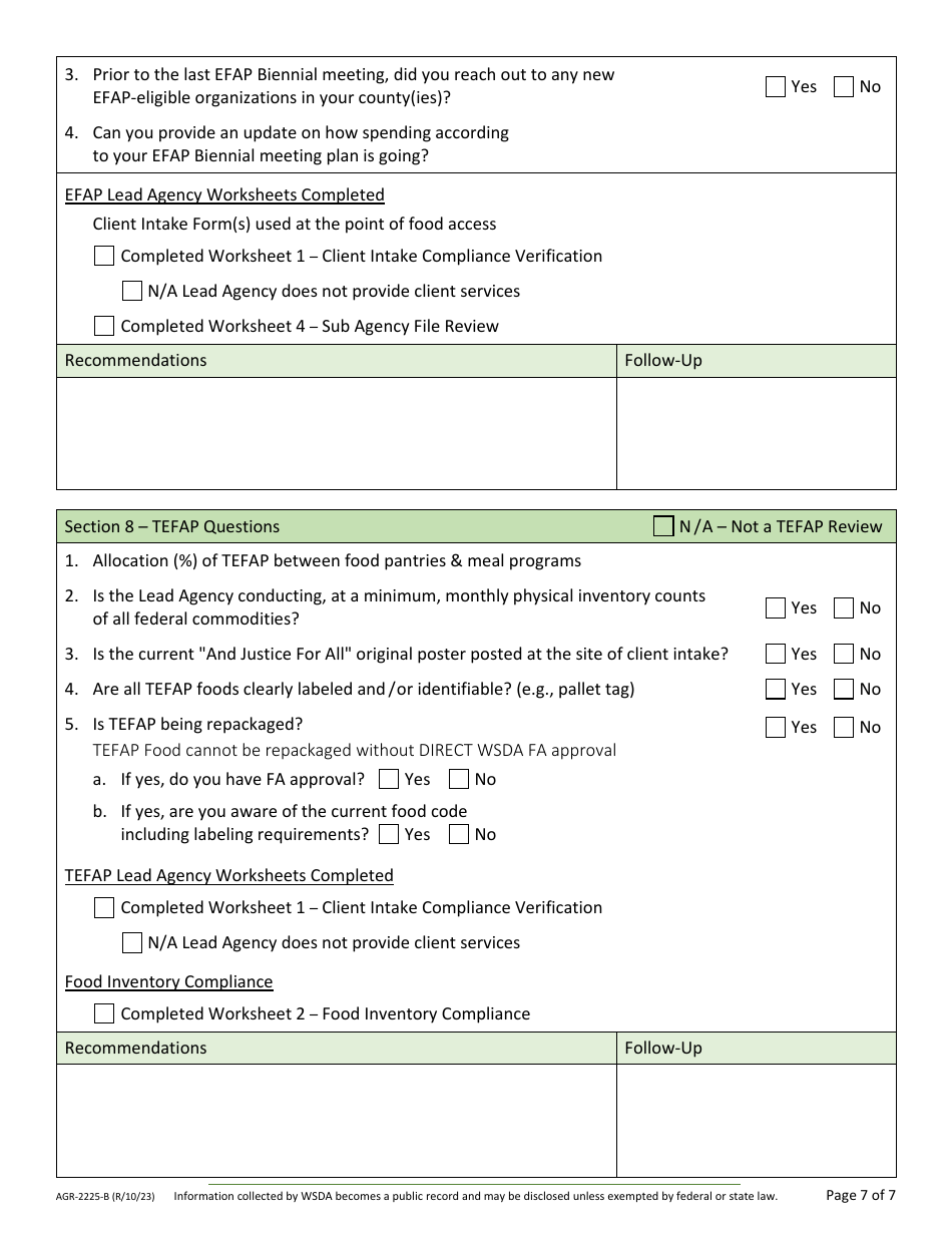 Form AGR-2225 Food Assistance Lead Agency Review - Washington, Page 10