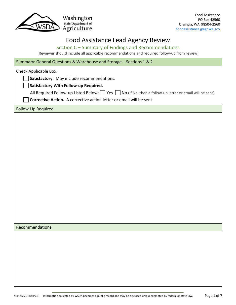 Form AGR-2225 Food Assistance Lead Agency Review - Washington, Page 11