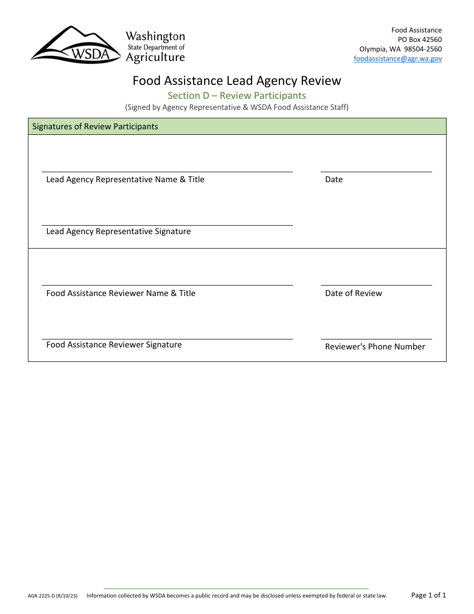 Form AGR-2225 Food Assistance Lead Agency Review - Washington, Page 18