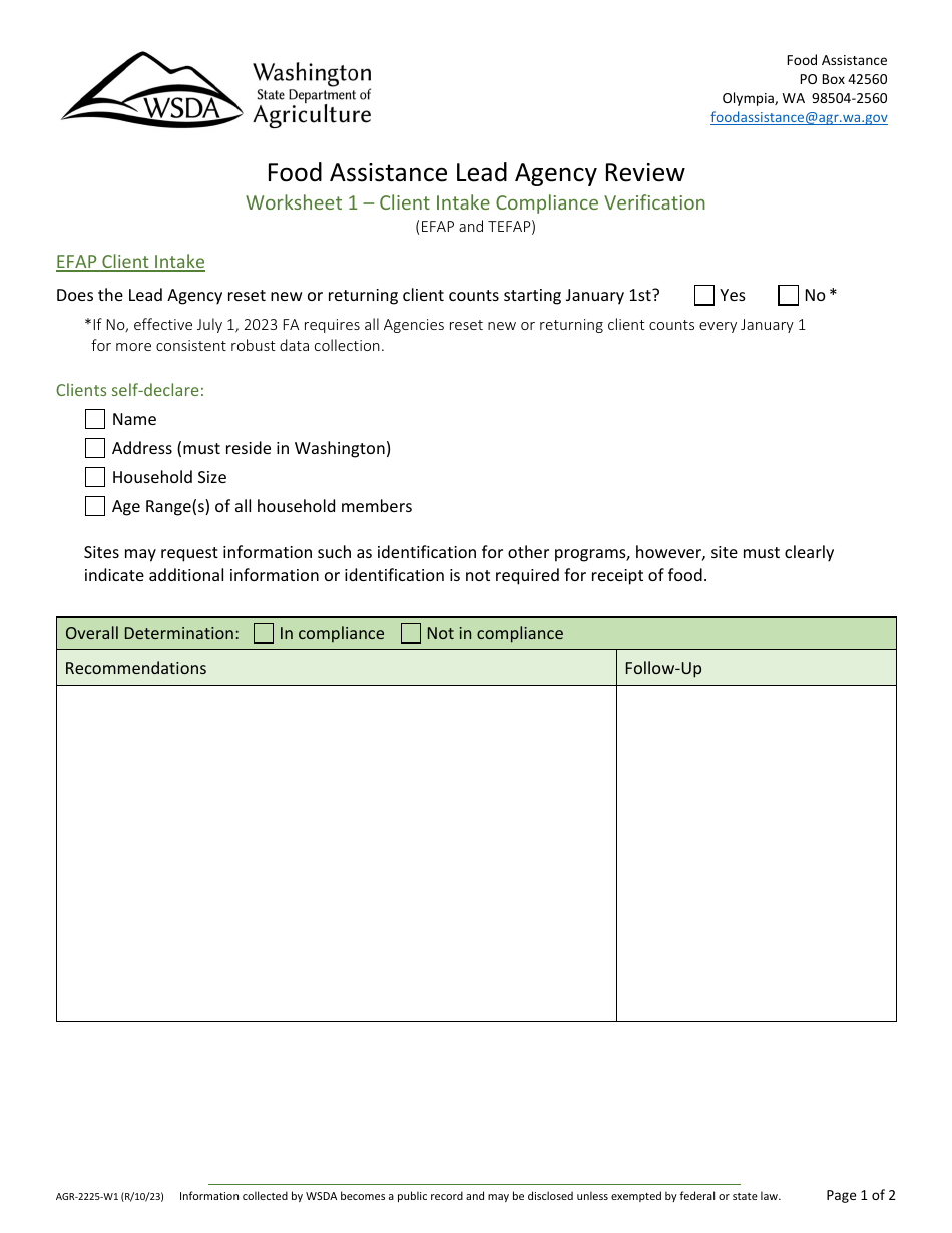 Form AGR-2225 Food Assistance Lead Agency Review - Washington, Page 19