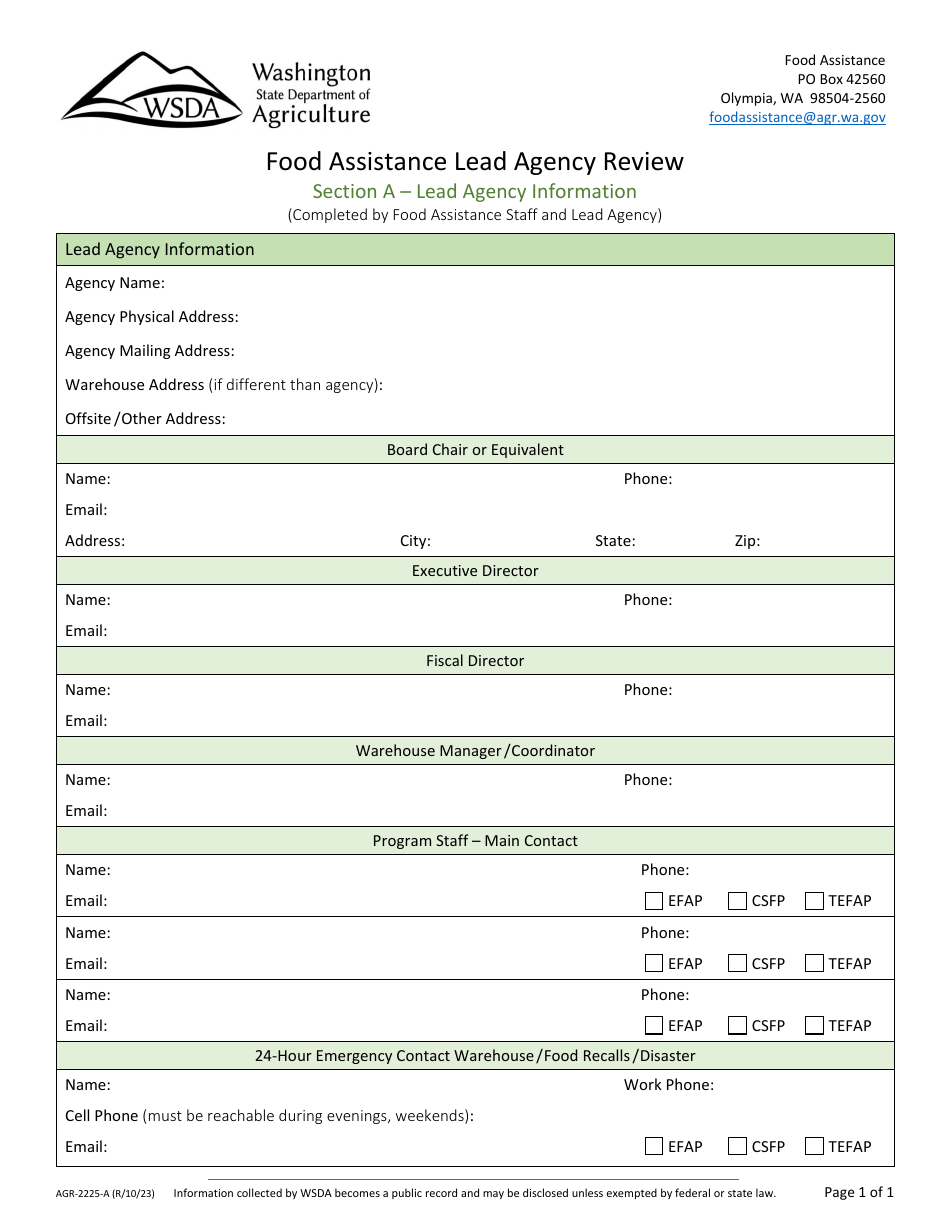 Form AGR-2225 Food Assistance Lead Agency Review - Washington, Page 1