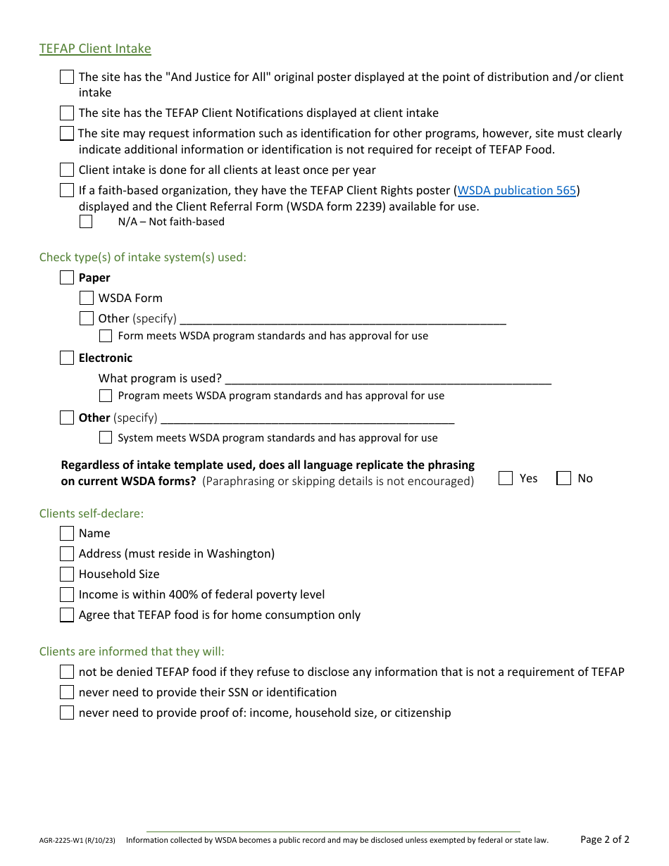 Form AGR-2225 Food Assistance Lead Agency Review - Washington, Page 20