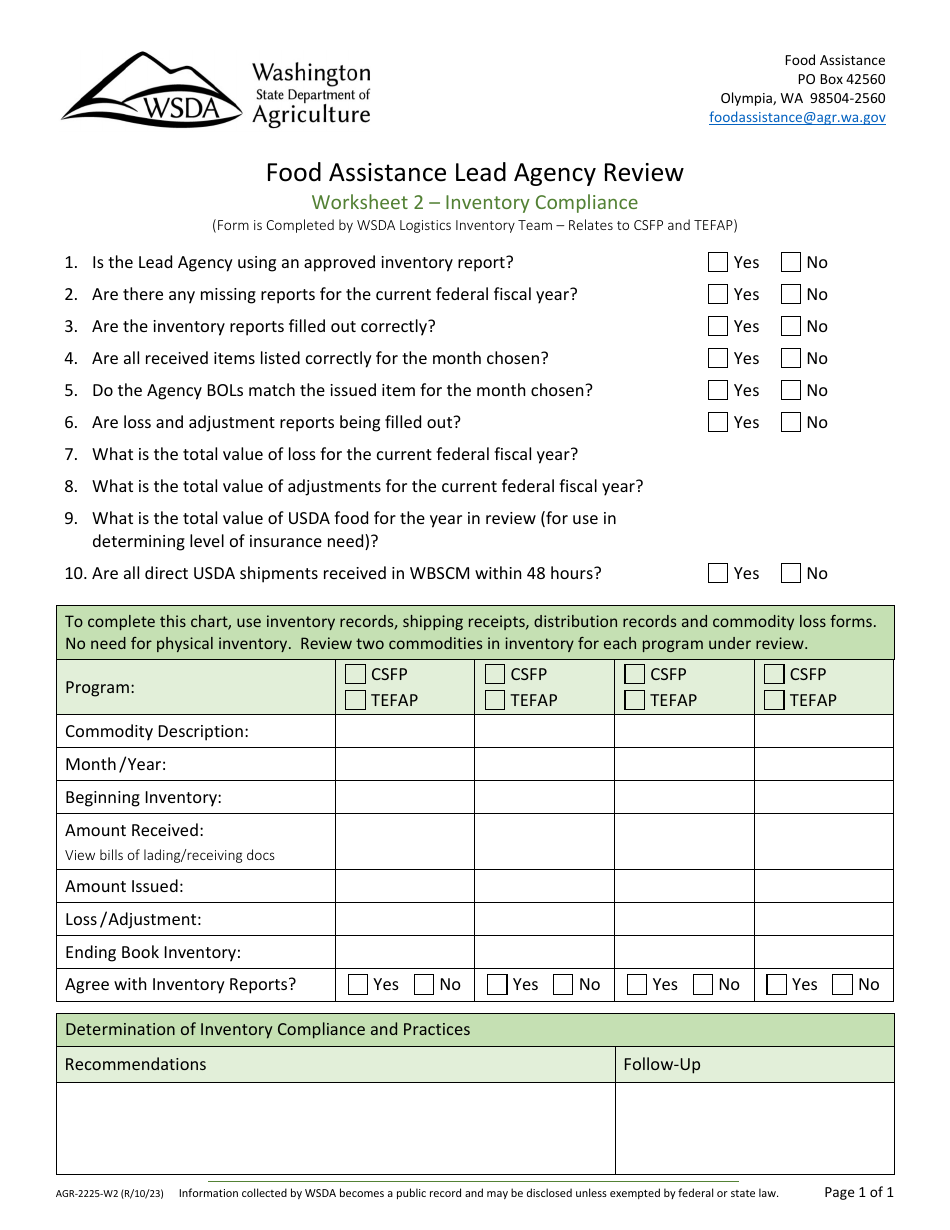 Form AGR-2225 Food Assistance Lead Agency Review - Washington, Page 21