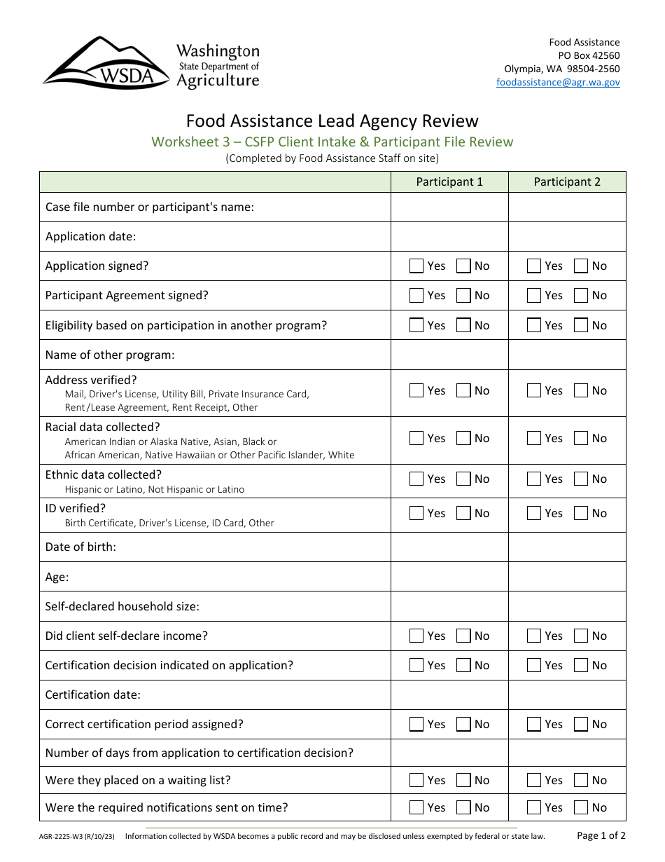 Form AGR-2225 Food Assistance Lead Agency Review - Washington, Page 22