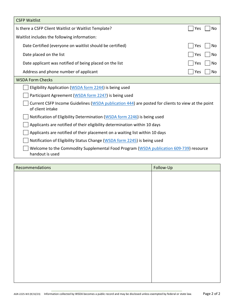 Form AGR-2225 Food Assistance Lead Agency Review - Washington, Page 23