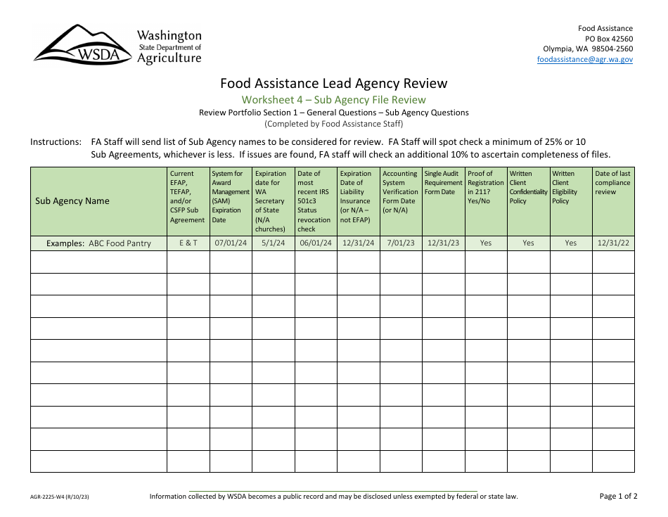 Form AGR-2225 Food Assistance Lead Agency Review - Washington, Page 24